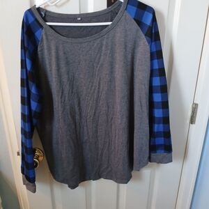 Womens Long Sleeve Raglan Top with Blue Plaid Sleeves